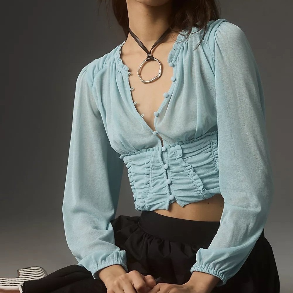 By Anthropologie Long Sleeve Femme Ruched Cropped Top Sky Blue Small